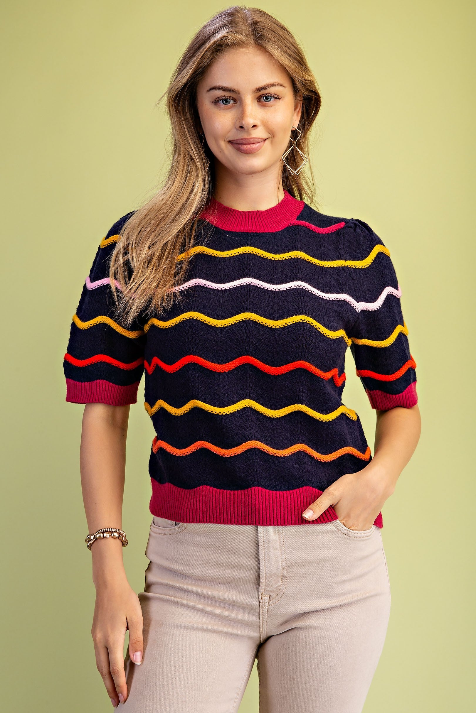Pointelle Knit Short Sleeve Sweater
