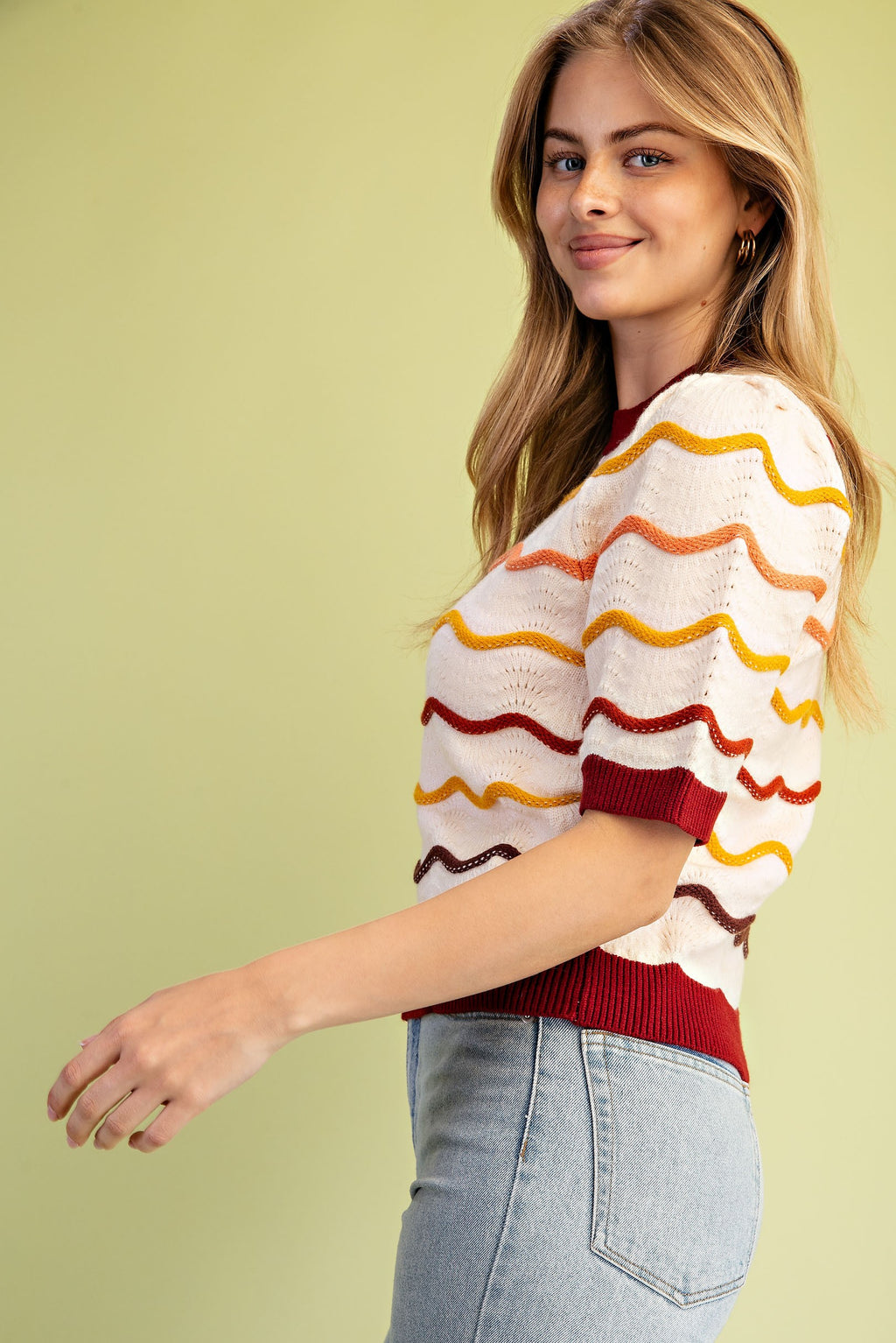 Pointelle Knit Short Sleeve Sweater