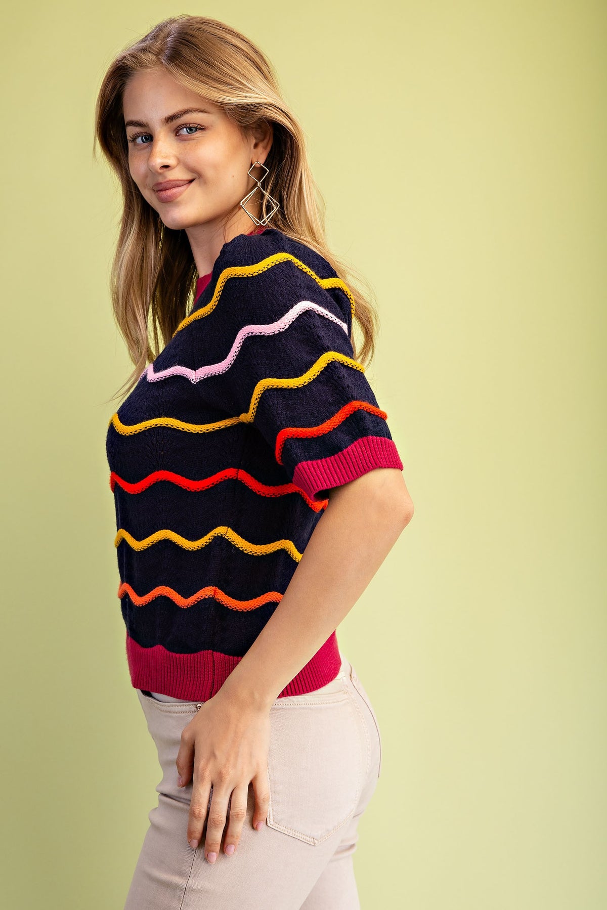 Pointelle Knit Short Sleeve Sweater