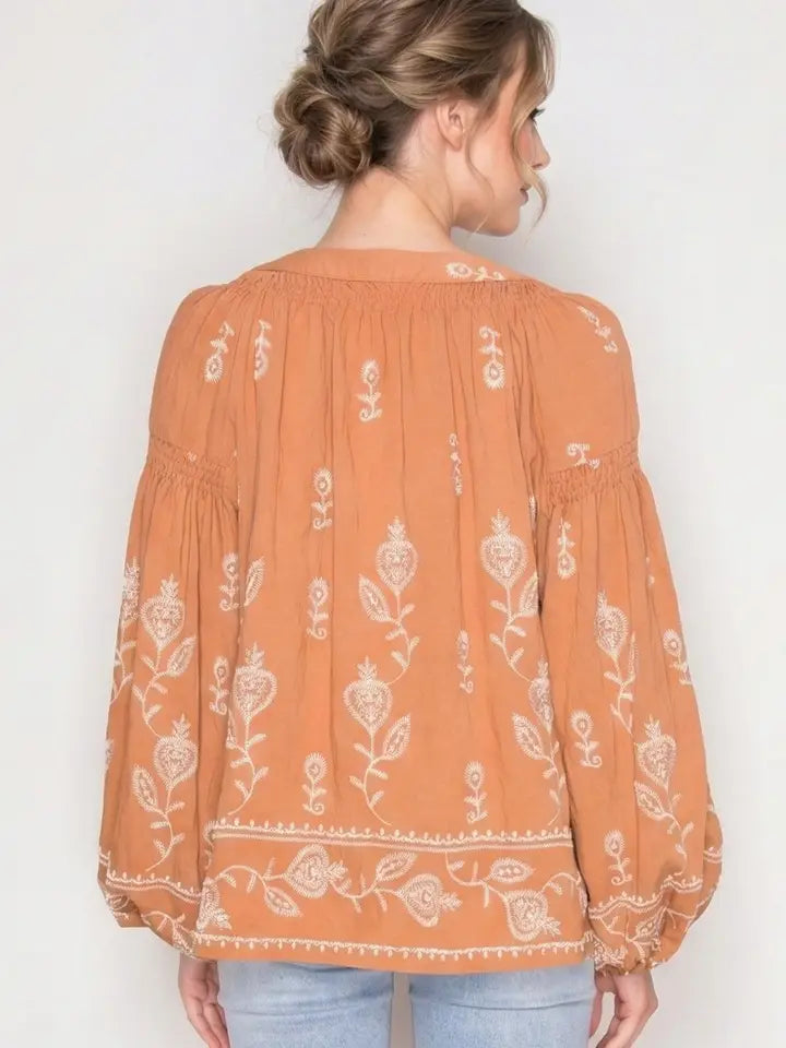 Loose-Fit Embroidered Split Neckline Blouse