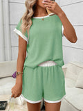 Pink Ribbed Lounge Set Contrast Trim Tee Top Shorts