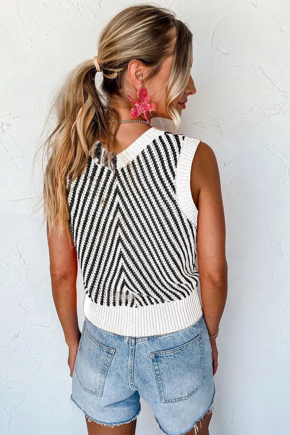 Strawberry Pink Contrast Chevron Knit V Neck Sweater Vest