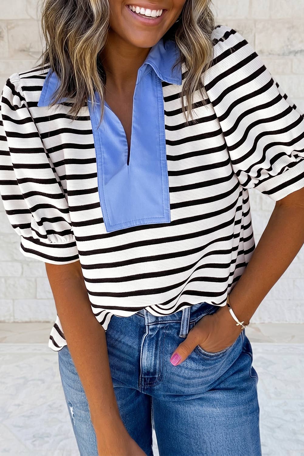 Short Puff Sleeve Color Block Polo Collar Blouse