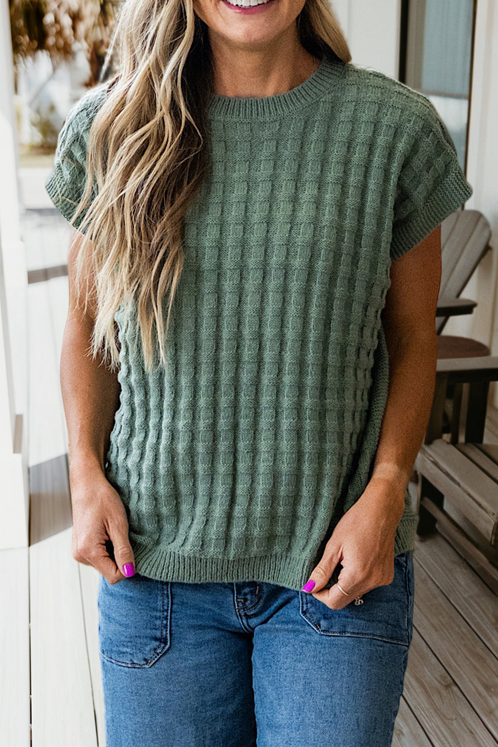 Textured Short Sleeve Round Neck Sweater