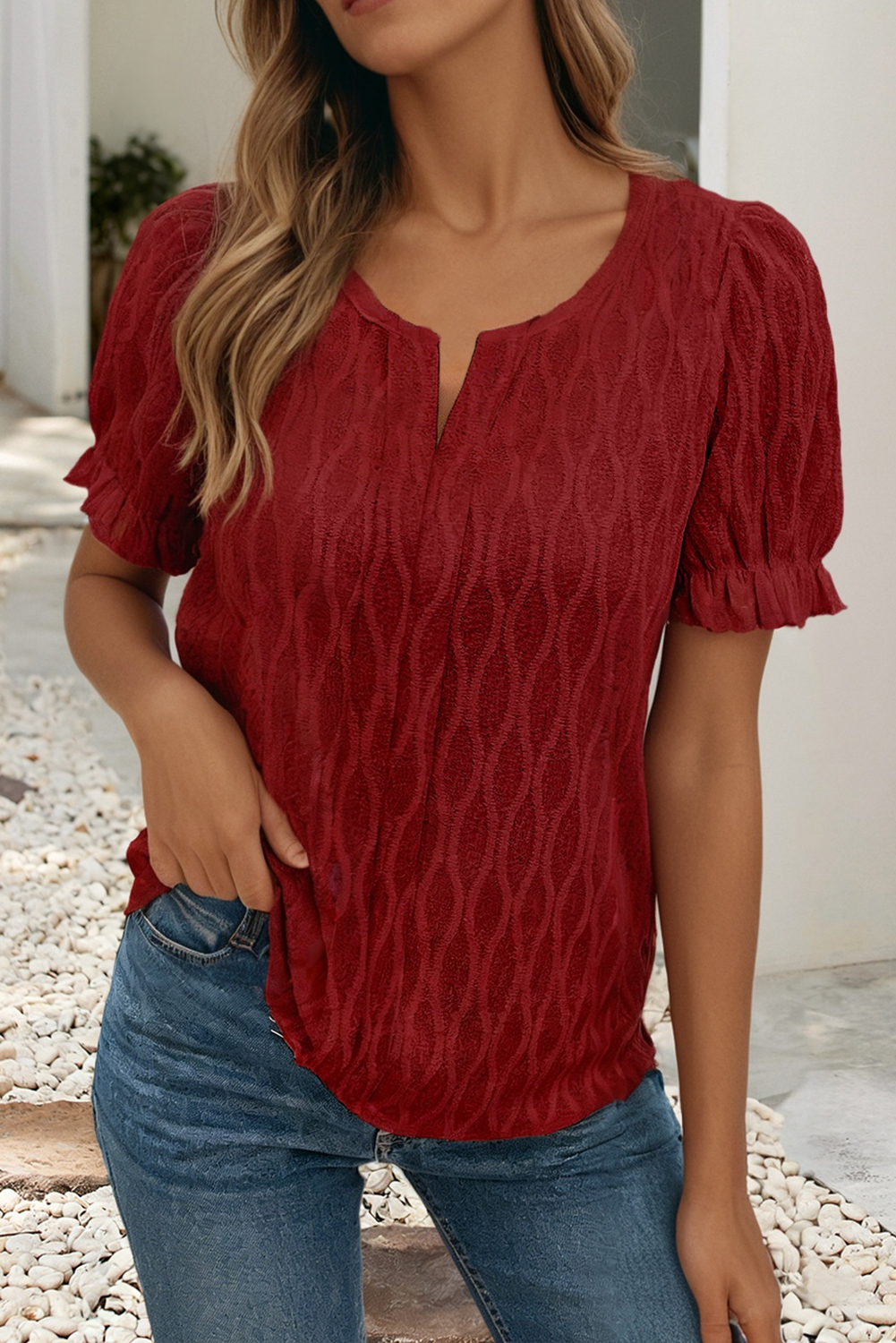 Textured Notched Neck Puff Sleeve Blouse