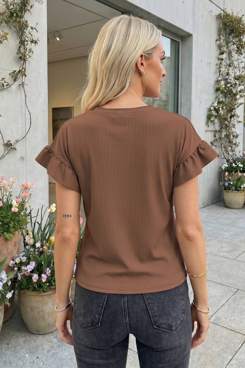 Solid Color Ribbed Ruffled Short Sleeve T Shirt
