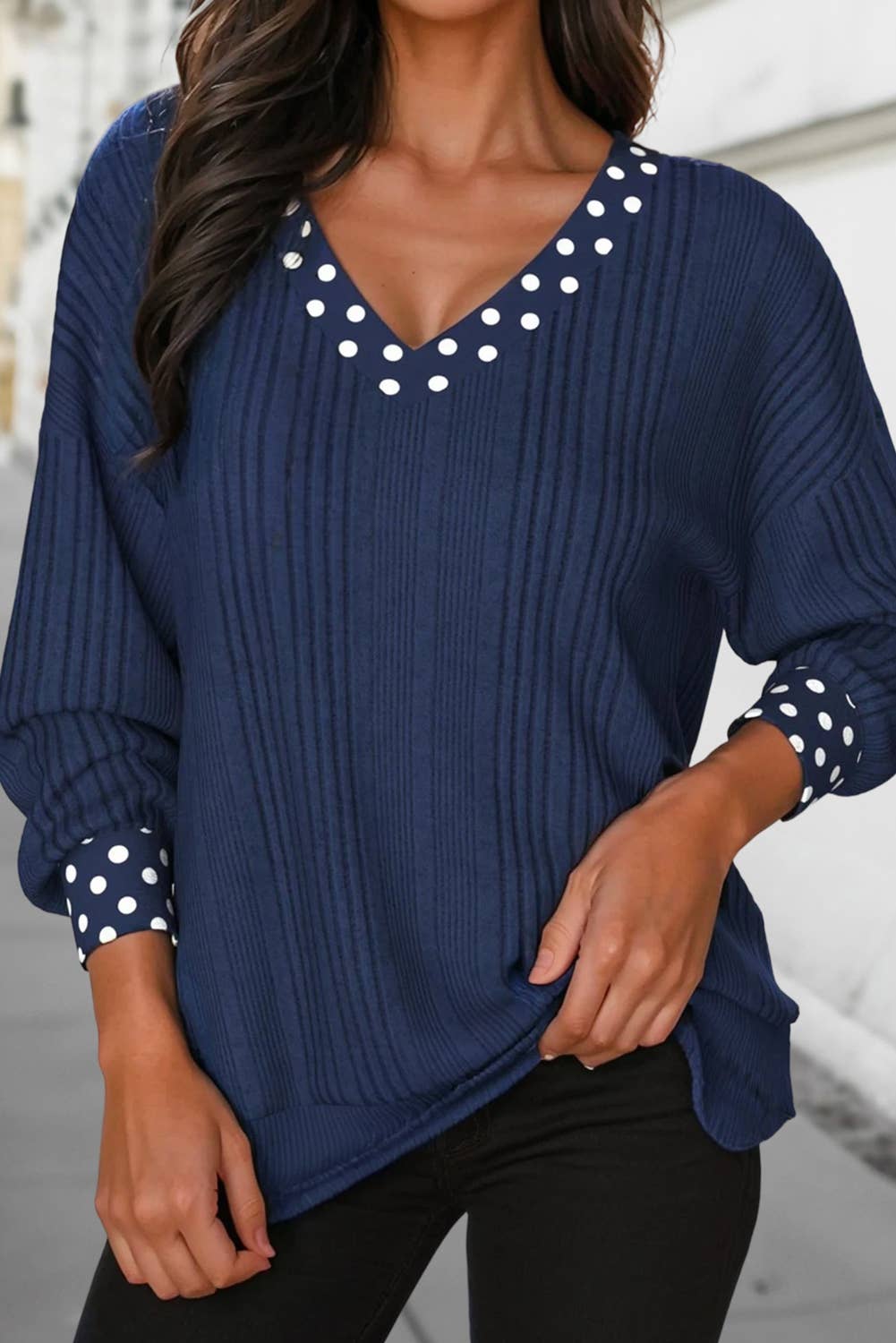 Polka Dot Bowknot Back Textured Ribbed Top