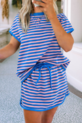 Colorblock Striped Short Sleeve Top and Skirt Set