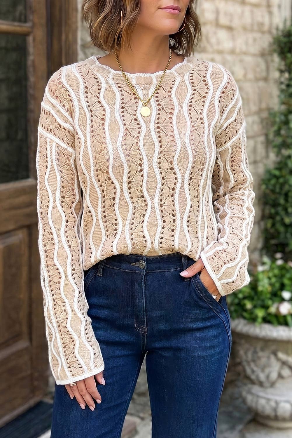 Hollow Out Knit Long Sleeve Cotton Pullover Sweater (S-XL)