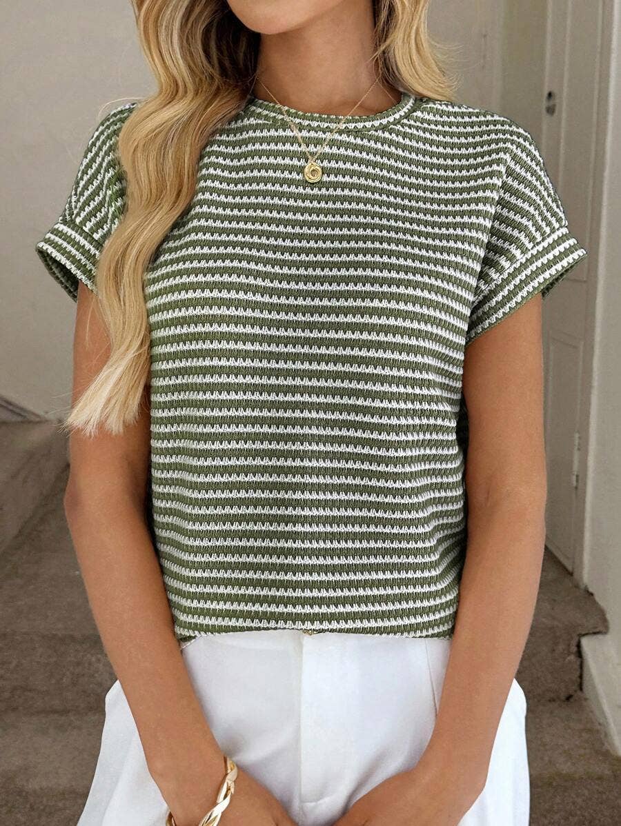 Stripe Knit Crew Neck Short Sleeve Top