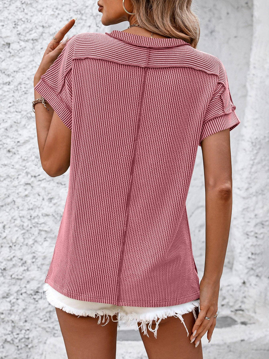 Women Textured Stripe Crew Neck Short Sleeve Loose Tee