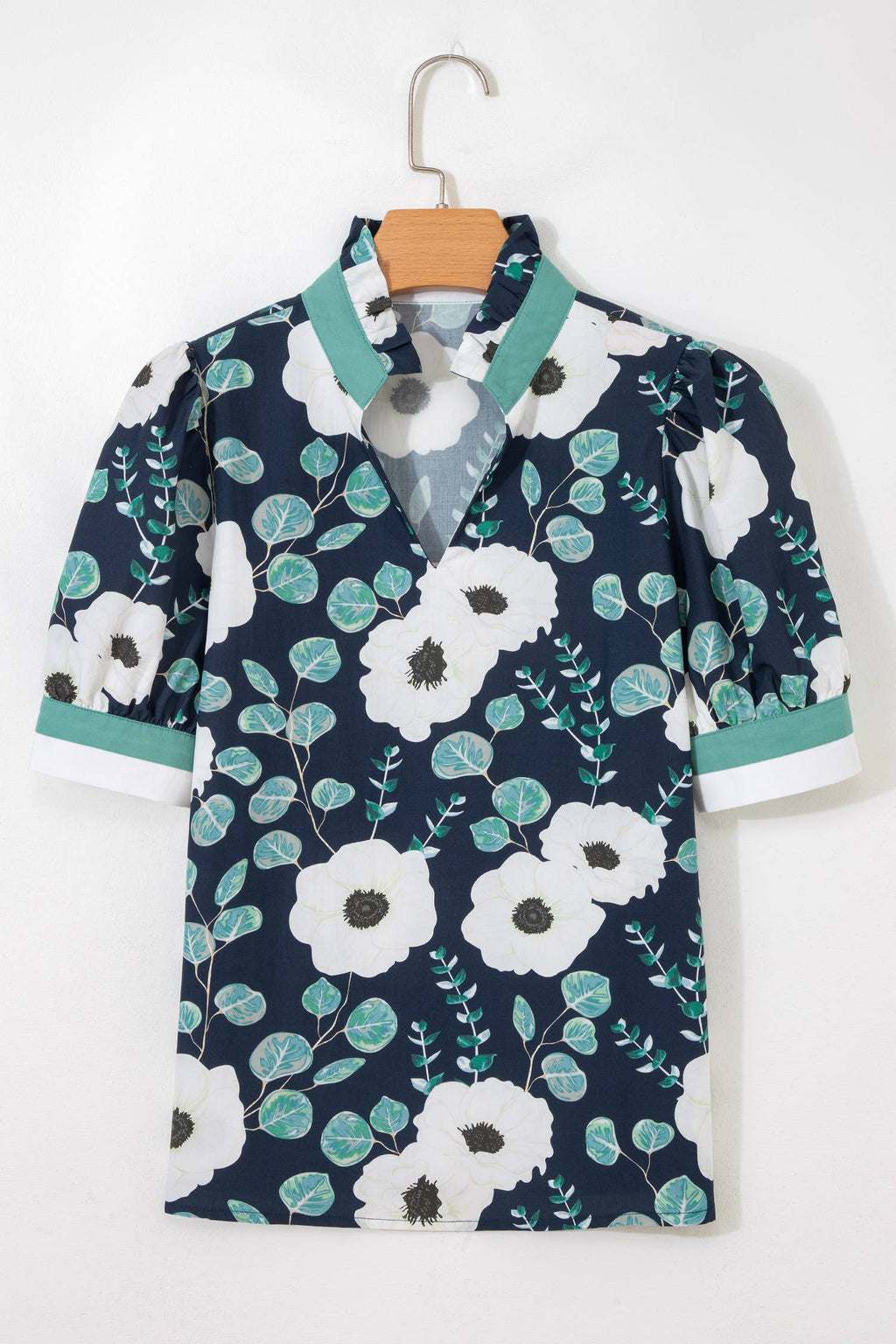 Floral Print Patchwork V Neck Short Sleeve Blouse (S-XL)