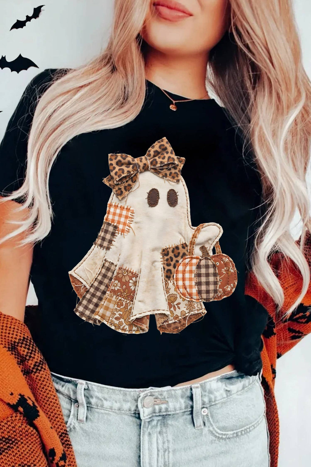 Halloween Ghost Appliqué Graphic T-Shirt (S-3XL)
