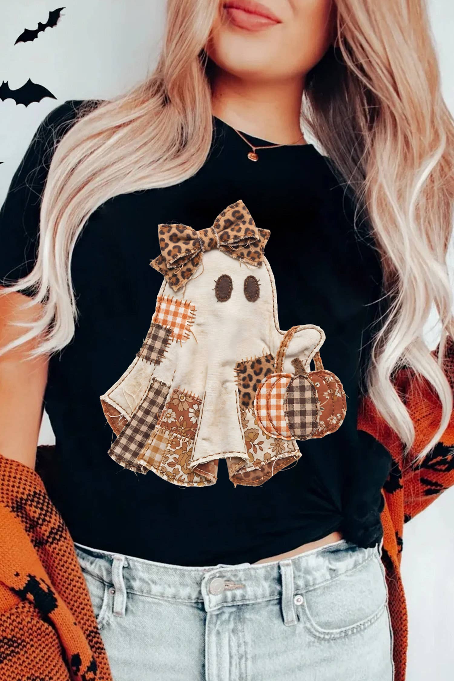 Halloween Ghost Appliqué Graphic T-Shirt (S-3XL)