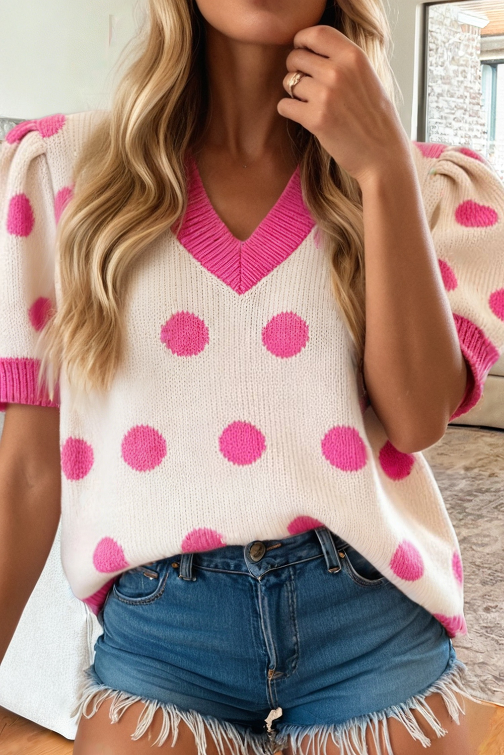 Polka Dot Puff Short Sleeve Sweater Top
