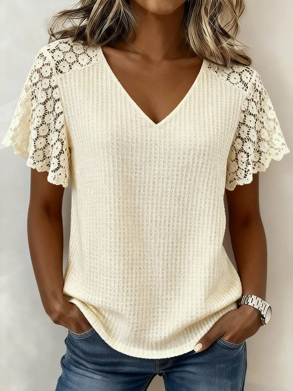 Textured V Neck Knit Floral Lace Top