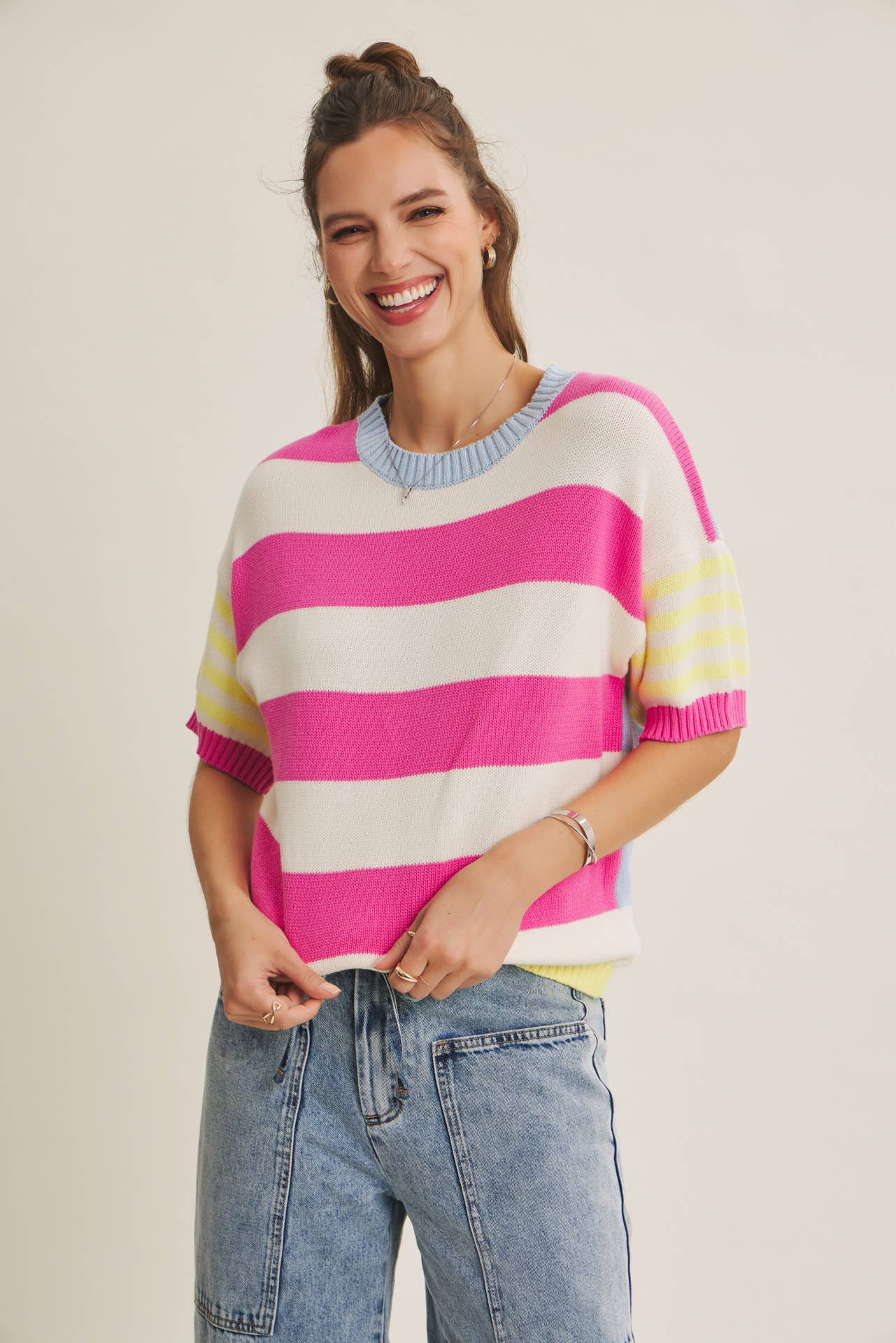 FEEL-GOOD PLAYFUL MULTI STRIPE EASY EVERYDAY COTTON SWEATER