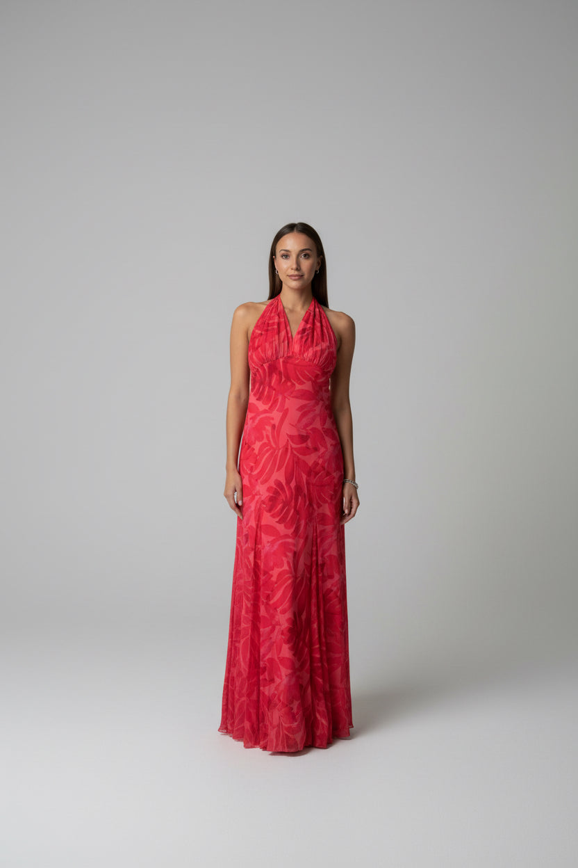 Sunset Red Halter Maxi Dress