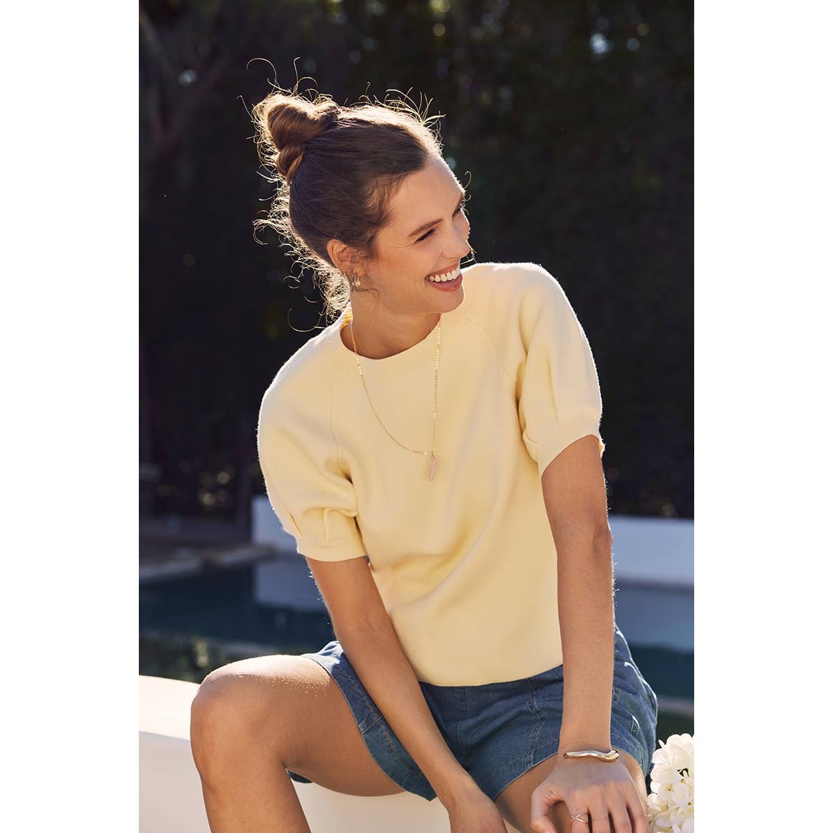 EASY VOLUME MOVEMENT BREATHABLE COTTON SWEATER WITH PUFF SLV