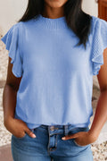 Ribbed Trim Solid Ruffle Short Sleeve Sweater