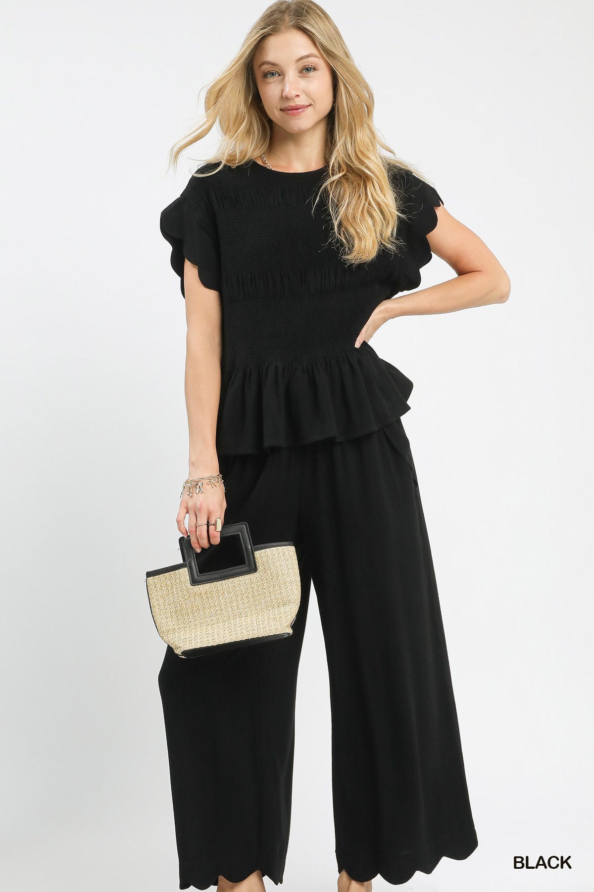 Linen Blend Smocked Peplum Top