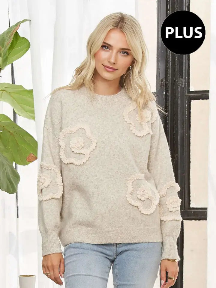 Plus Size 3D Floral Applique Knit Sweater