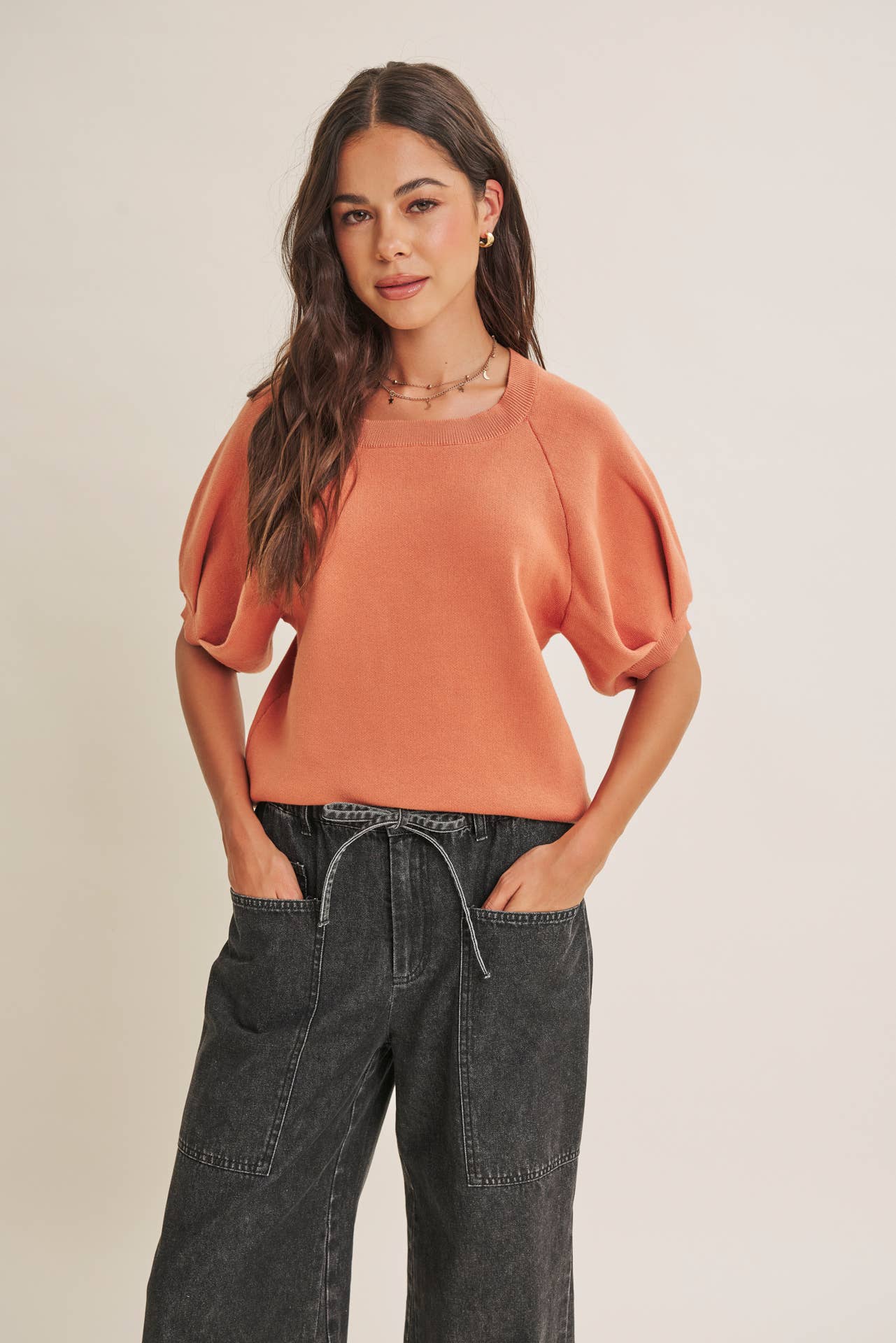 EASY VOLUME MOVEMENT BREATHABLE COTTON SWEATER WITH PUFF SLV