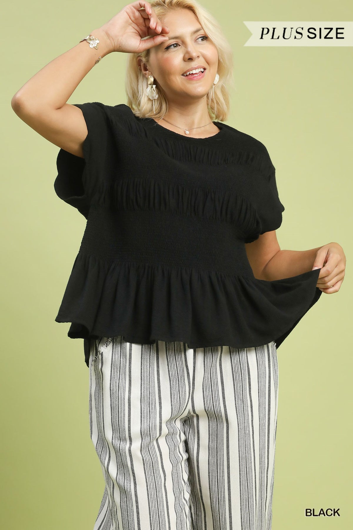 Plua Size Linen Blend Smocked Peplum Top