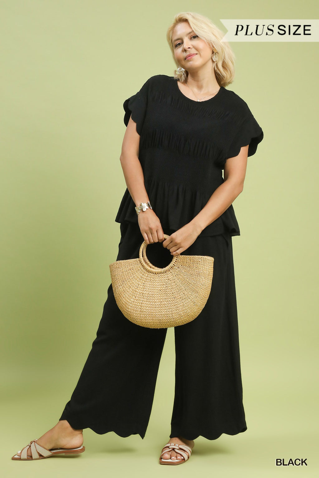 Plua Size Linen Blend Smocked Peplum Top