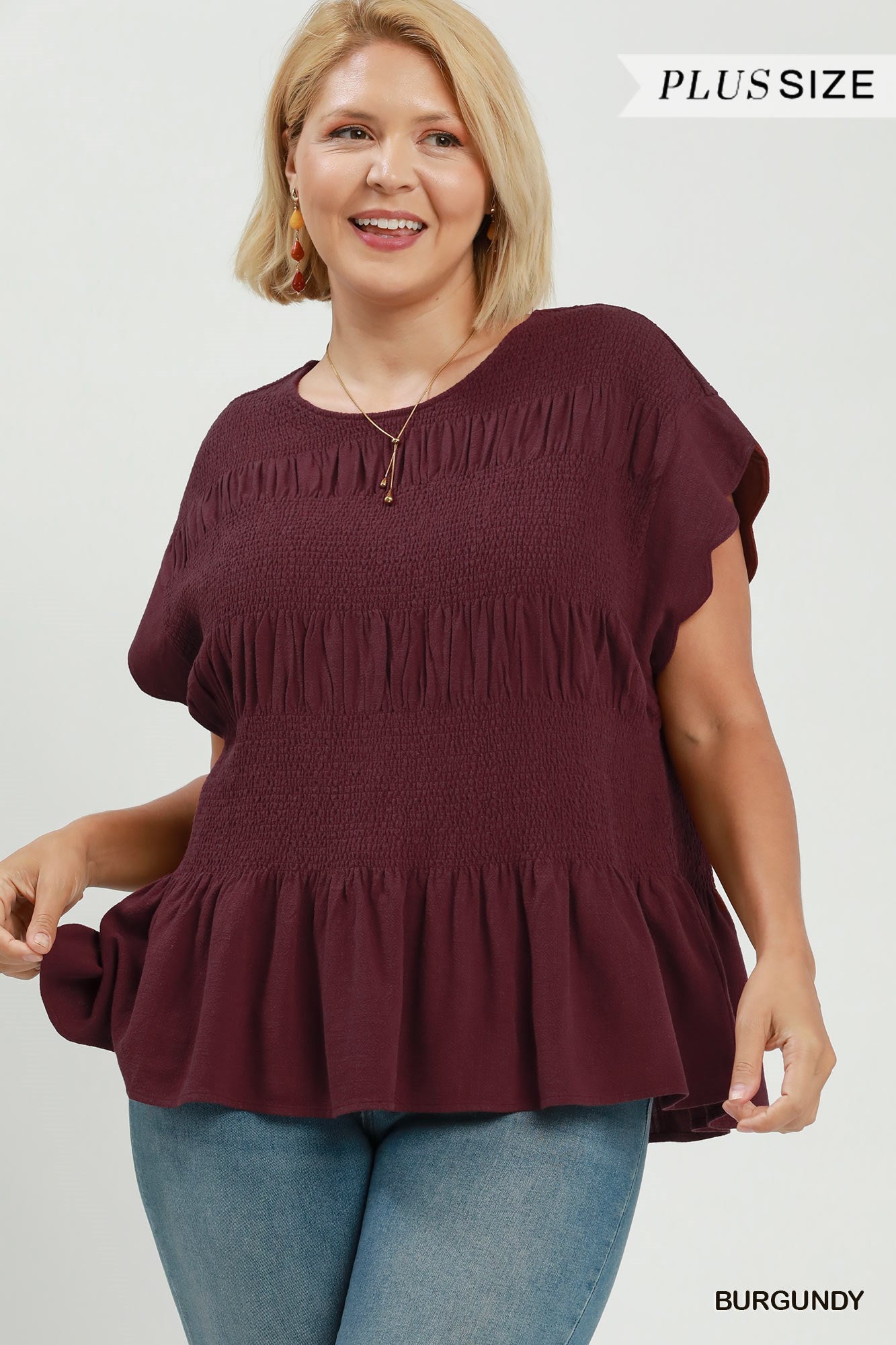 Plua Size Linen Blend Smocked Peplum Top