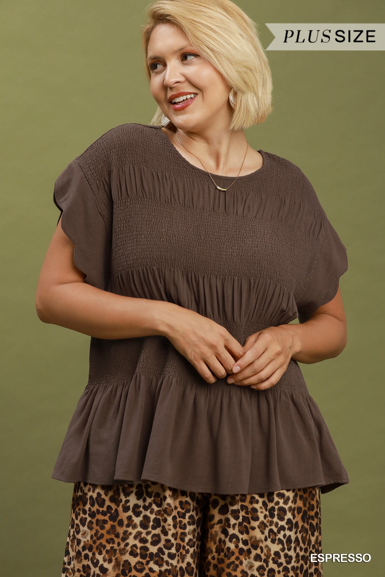 Plua Size Linen Blend Smocked Peplum Top