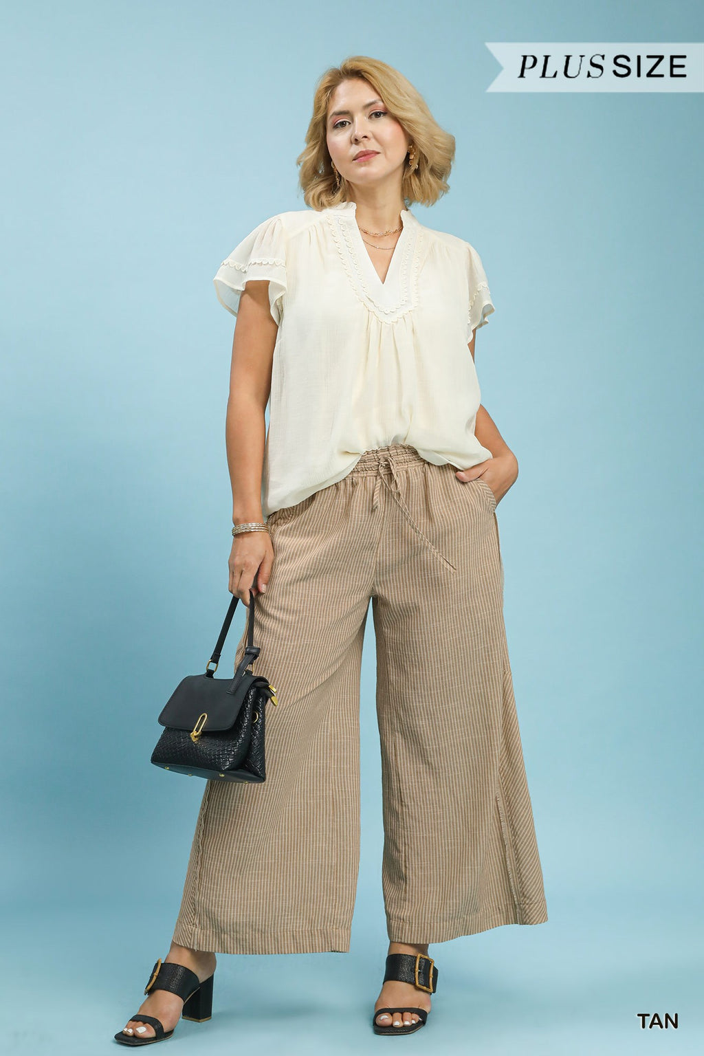 Plus Size Linen Blend Striped Wide Leg Pants