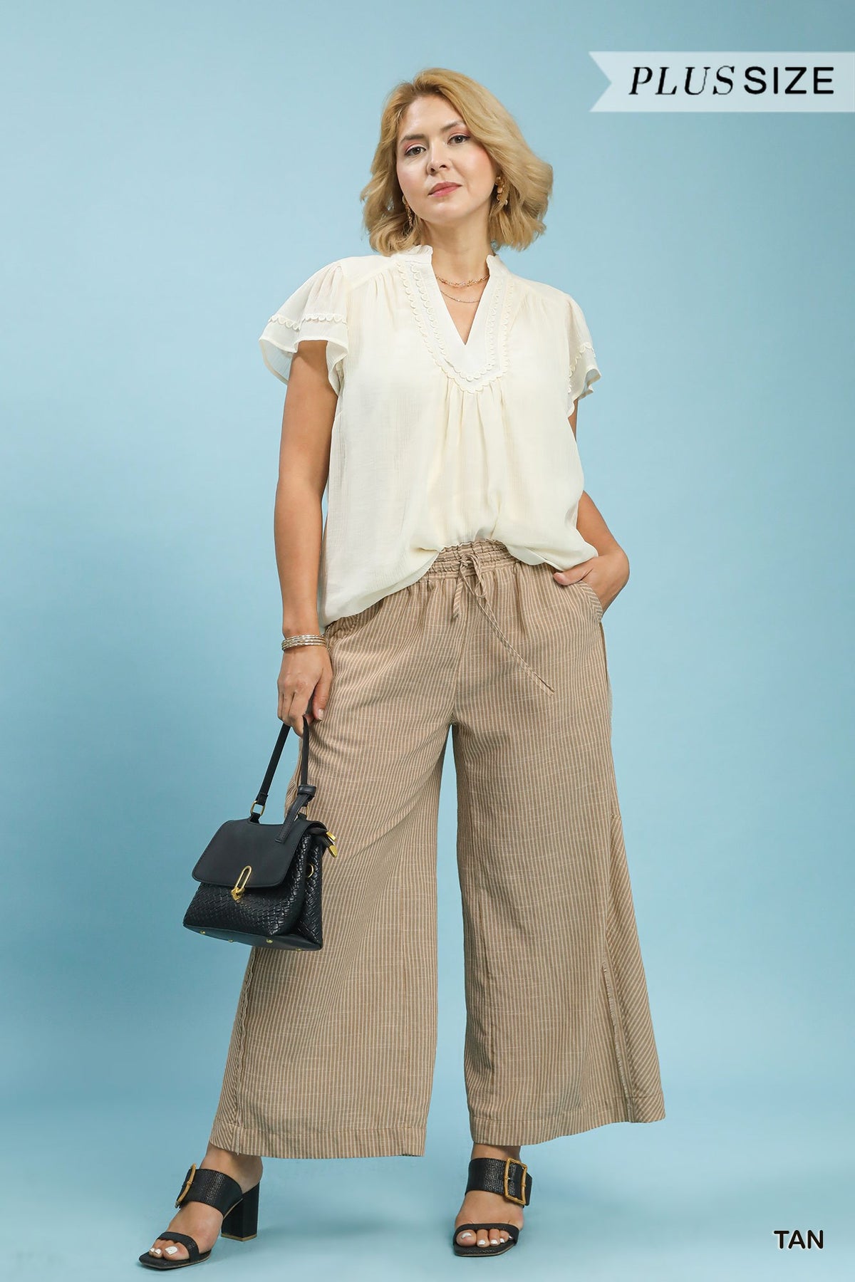 Plus Size Linen Blend Striped Wide Leg Pants