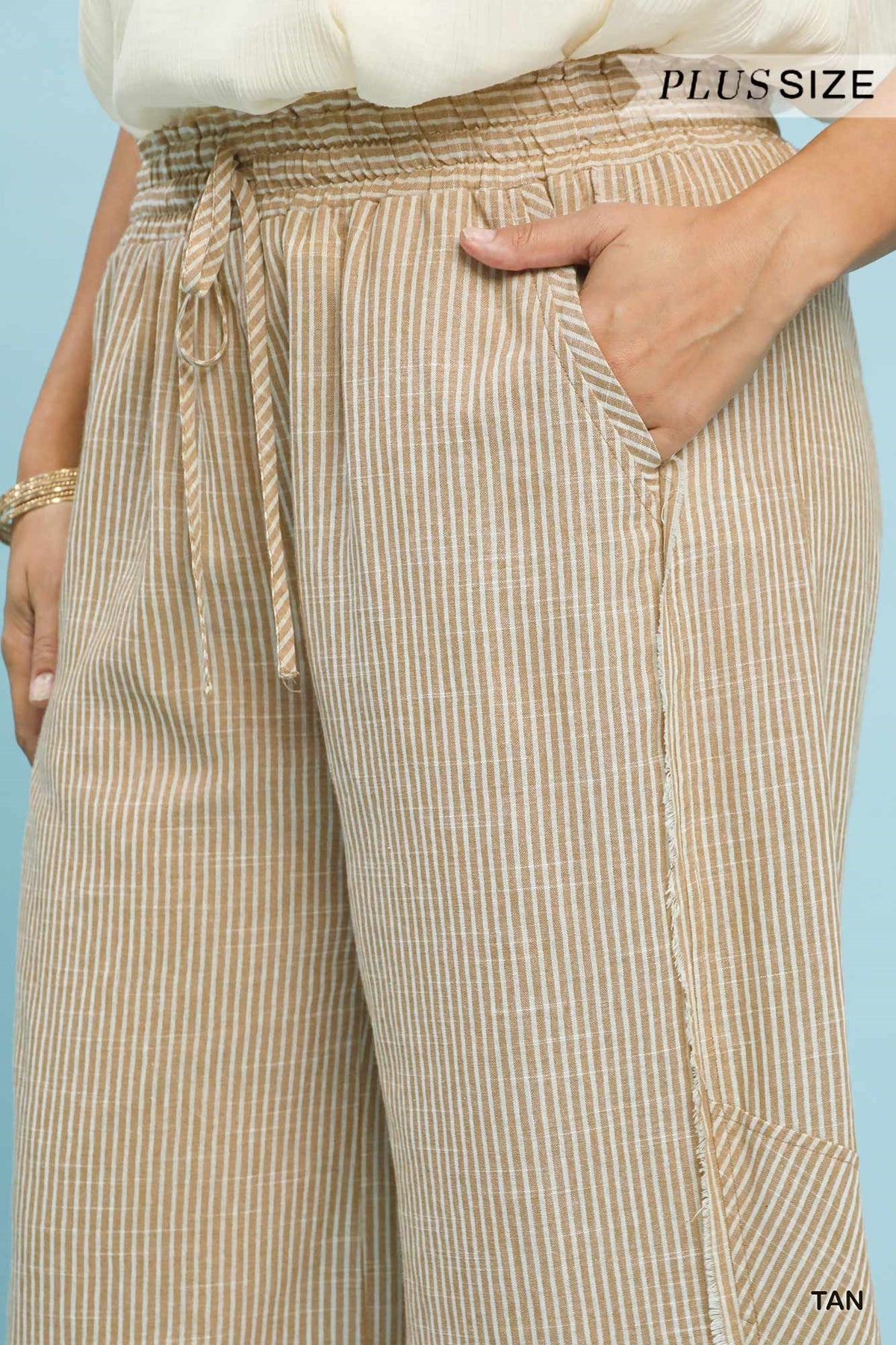 Plus Size Linen Blend Striped Wide Leg Pants
