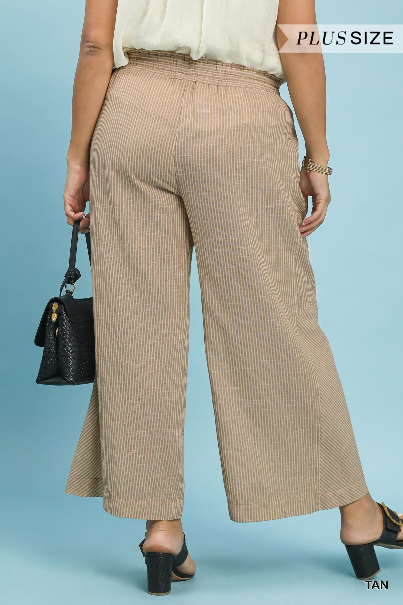 Plus Size Linen Blend Striped Wide Leg Pants