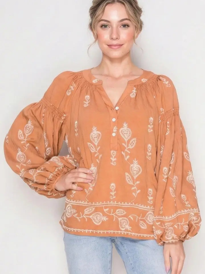 Loose-Fit Embroidered Split Neckline Blouse