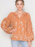 Loose-Fit Embroidered Split Neckline Blouse