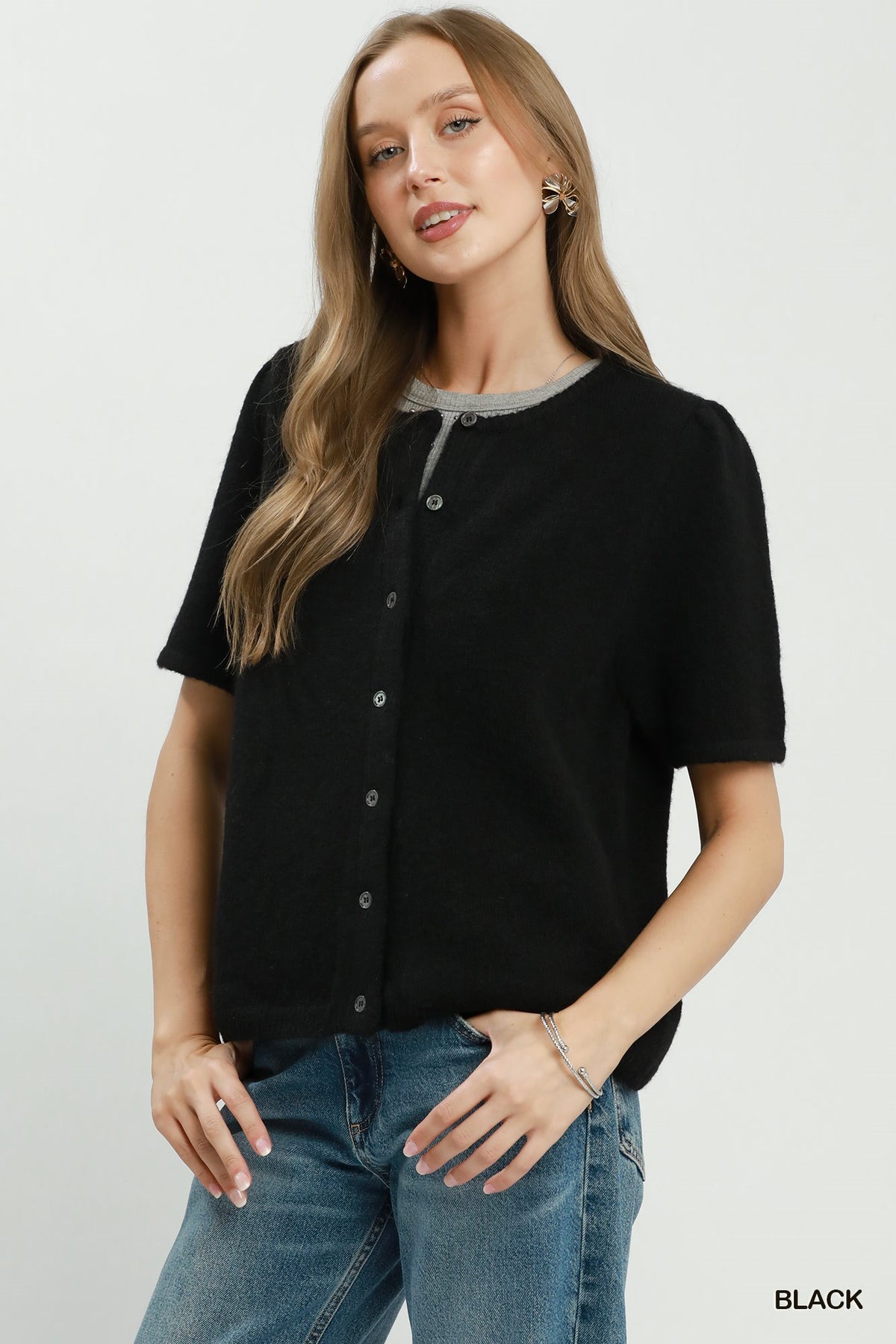 Knit Short Sleeve Button Down Cardigan Top