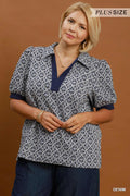Plus Size Printed Collared Puff Sleeve Top