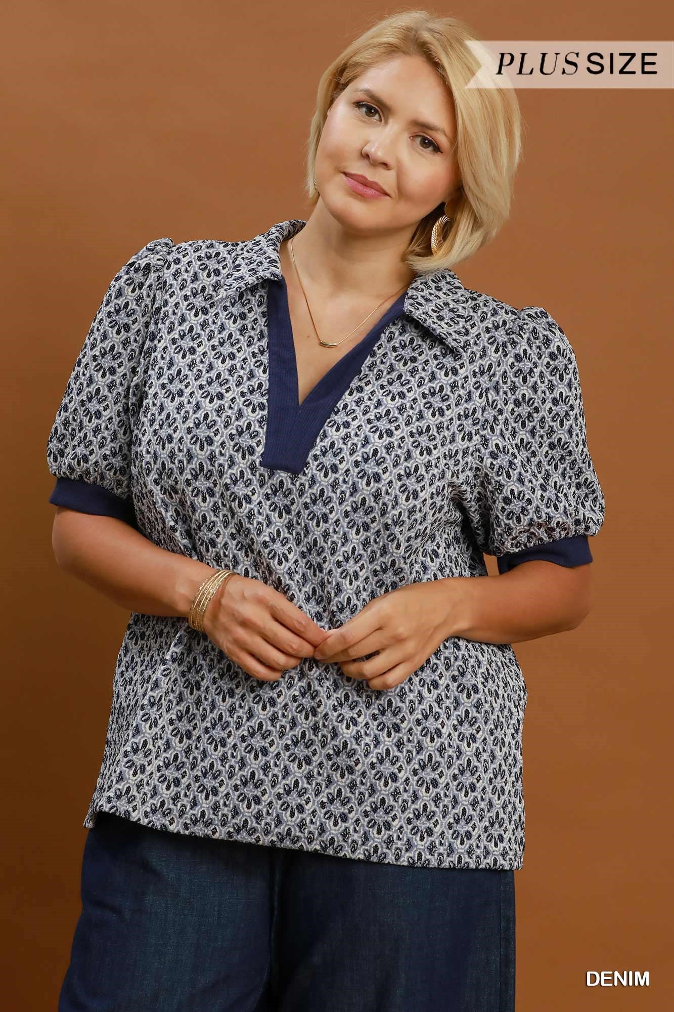 Plus Size Printed Collared Puff Sleeve Top