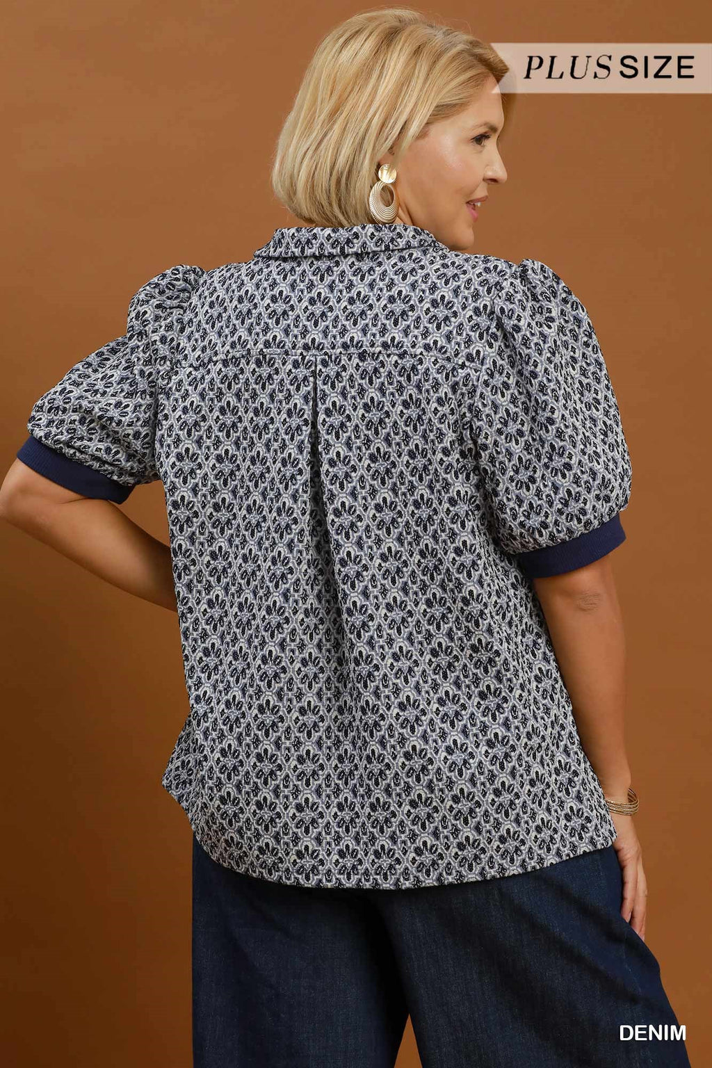 Plus Size Printed Collared Puff Sleeve Top