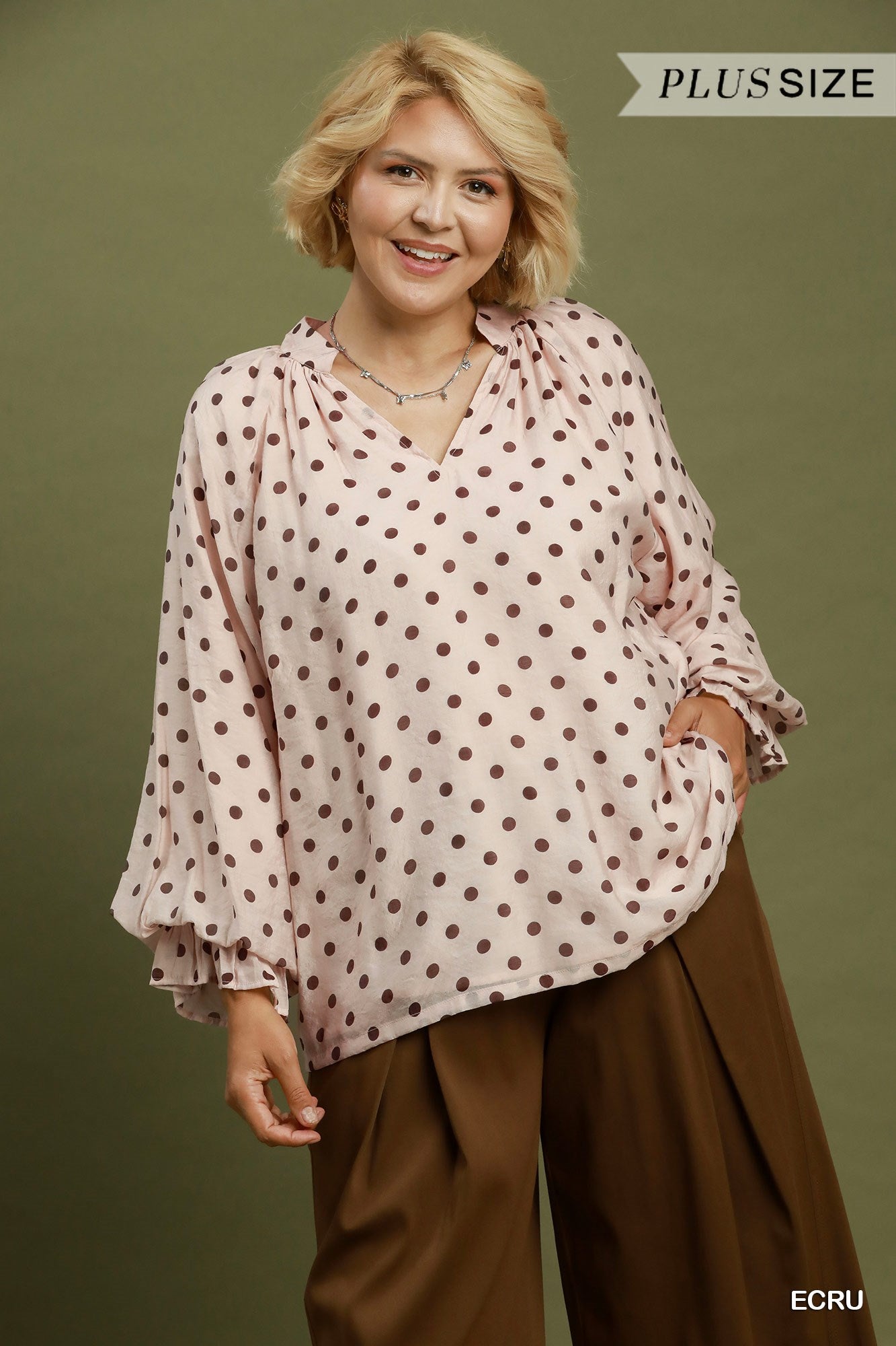 Plus Size Polka Dot Split Neck Blouse with Ruffle Cuffs