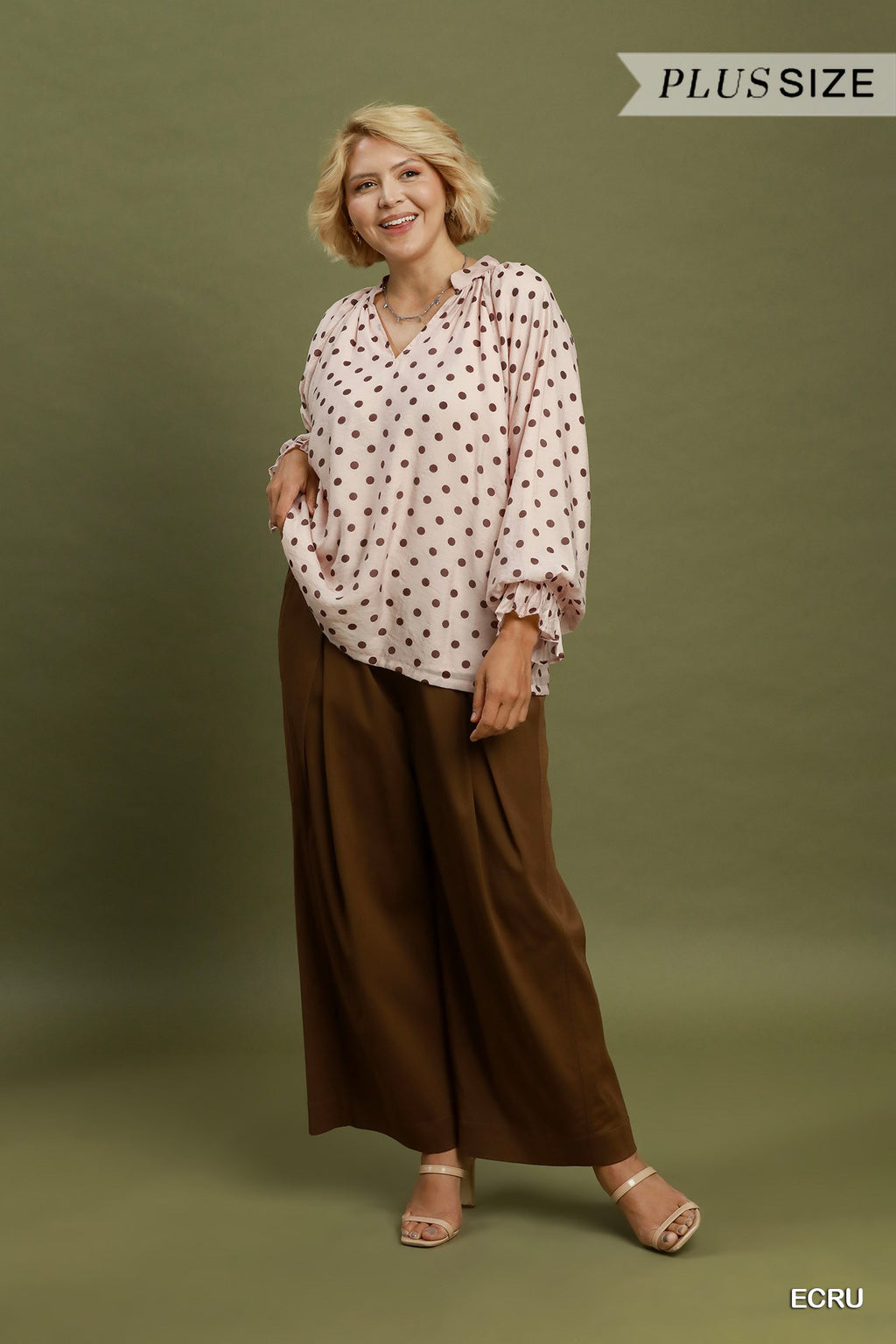 Plus Size Polka Dot Split Neck Blouse with Ruffle Cuffs