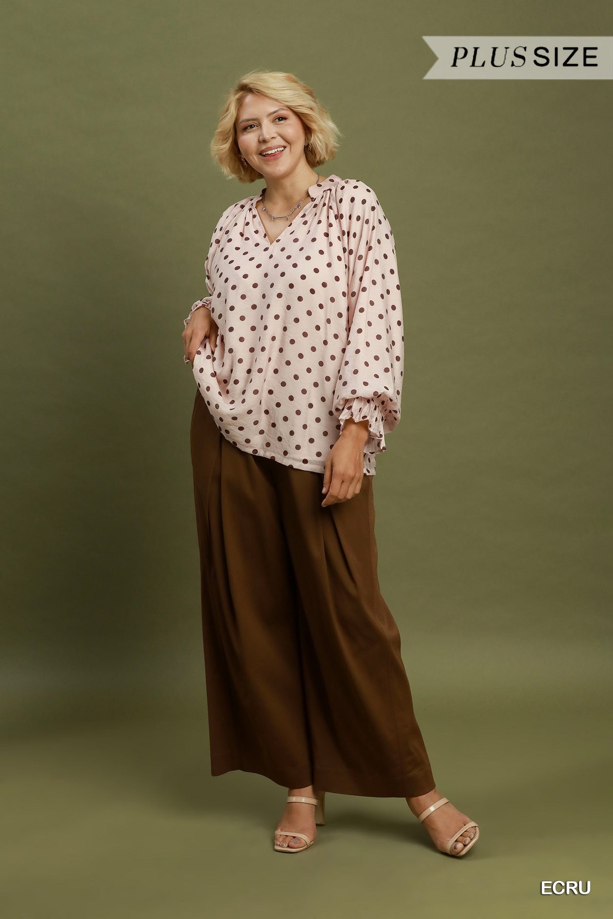 Plus Size Polka Dot Split Neck Blouse with Ruffle Cuffs