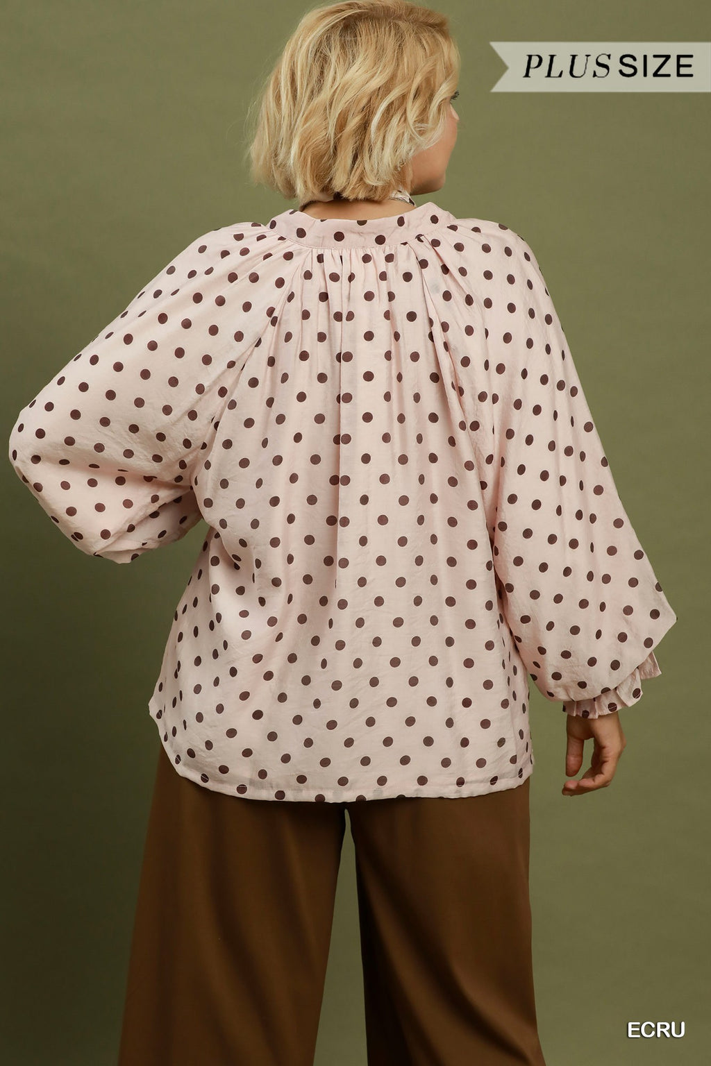 Plus Size Polka Dot Split Neck Blouse with Ruffle Cuffs