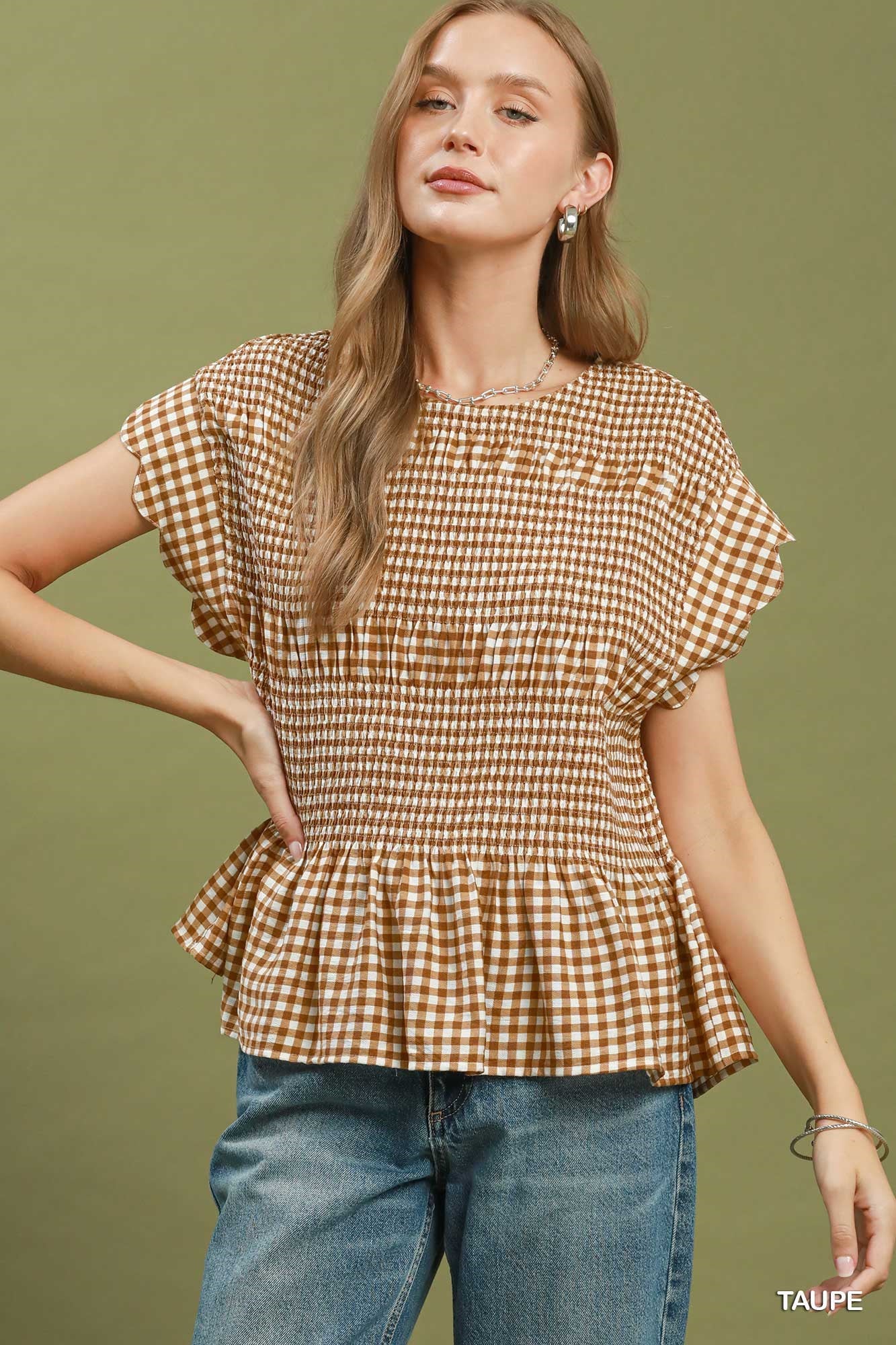 Gingham Smocked Ruffle Hem Short Sleeve Top