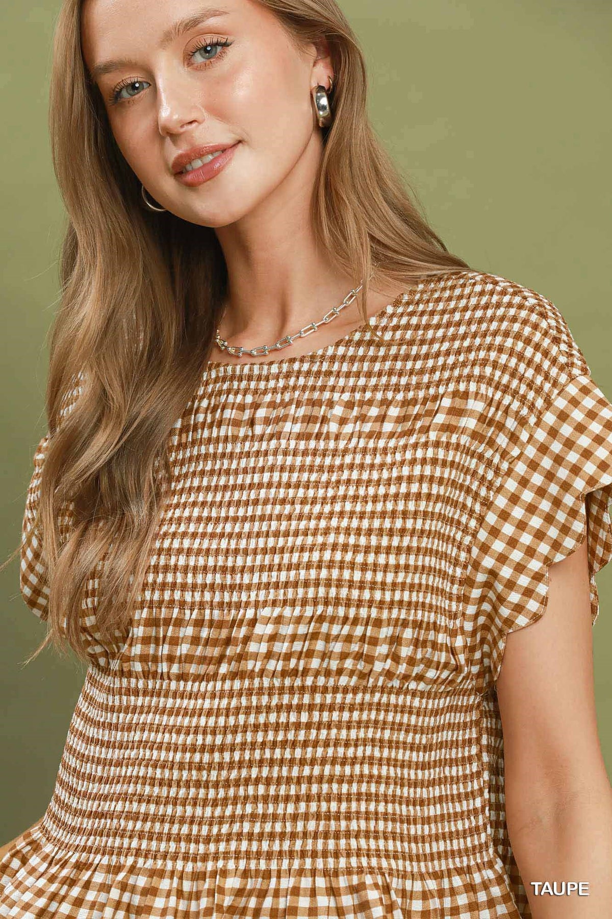 Gingham Smocked Ruffle Hem Short Sleeve Top