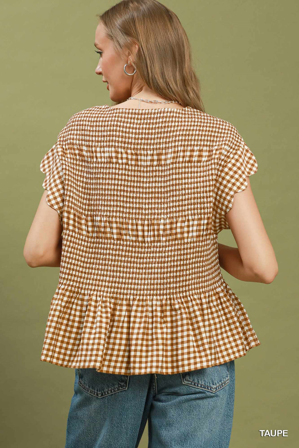Gingham Smocked Ruffle Hem Short Sleeve Top