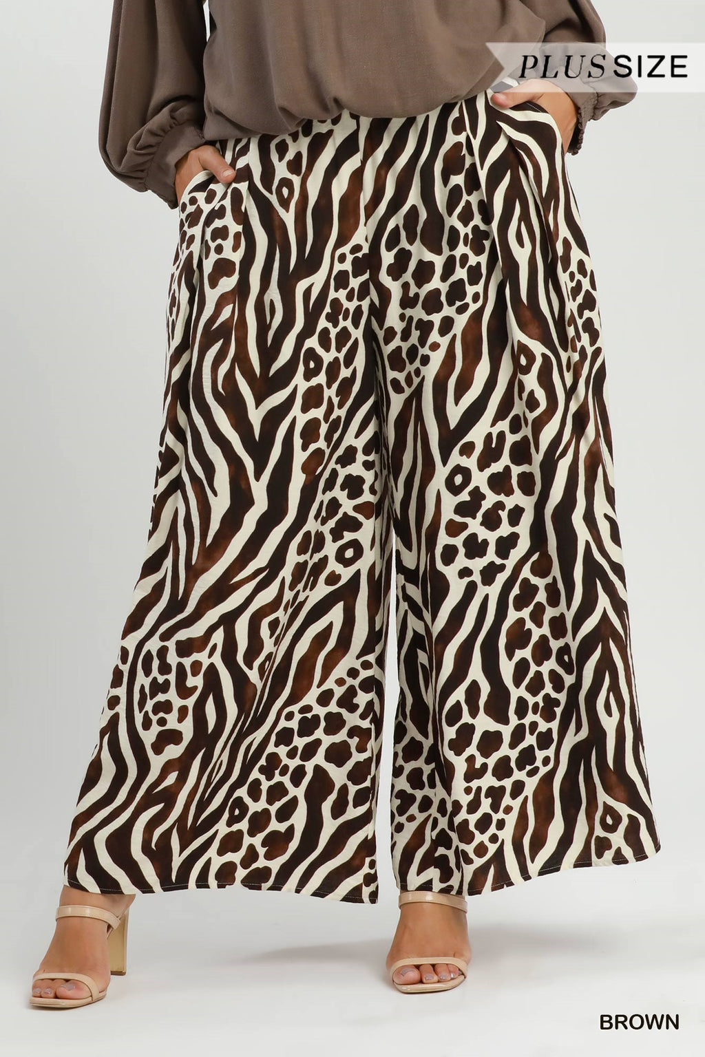 Plus Size Mixed Animal Print Wide Leg Pants
