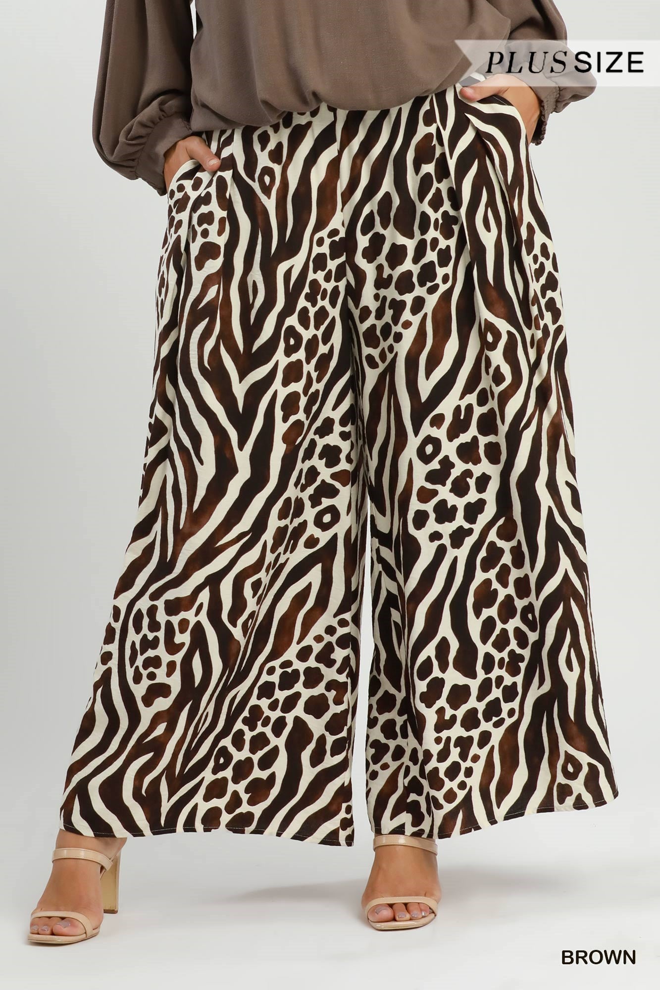 Plus Size Mixed Animal Print Wide Leg Pants